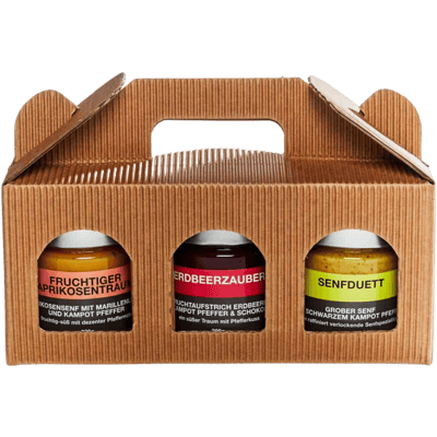 3-pack delicatessen gift box (1x apricot mustard + 1x strawberry fruit spread + 1x coarse mustard)