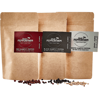 3er Set Kampot Pfeffer Nachfüllpackungen (1x Schwarzer Pfeffer + 1x Roter Pfeffer + 1x Weißer Pfeffer)