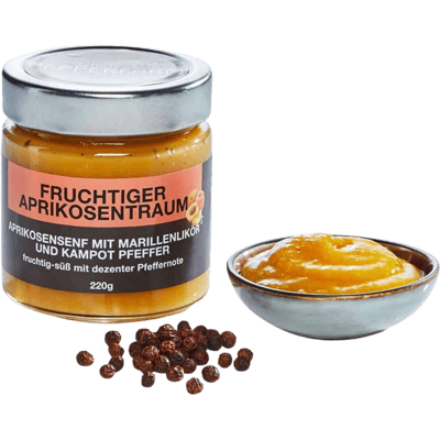 Aprikosensenf mit Marillenlikör und rotem Kampot Pfeffer