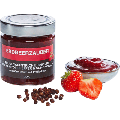 Fruchtaufstrich Erdbeere mit rotem Kampot Pfeffer und Schokolade