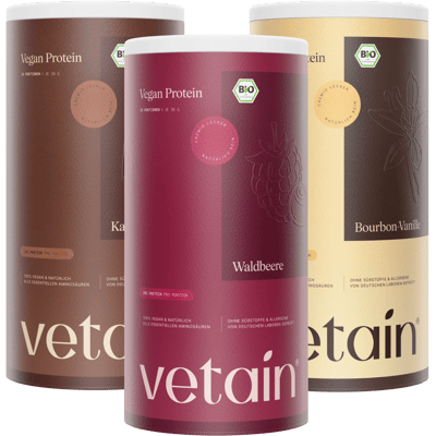 Bundle of 3 Vetain vegan protein powder (1x wild berry + 1x cocoa + 1x vanilla)
