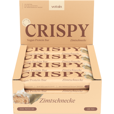 Tray of 12 Vetain CRISPY Vegan Protein Bar Cinnamon Bun