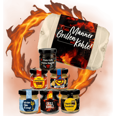 Geschenkset "Echte Männer grillen mit Kohle" (1x Superscharfer Senf + 1x Whisky Senf + 1x Gin Senf + 1x Grill Sauce + 1x Steak Marinade + 1x Schwarzes Hawaii Salz)