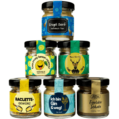 Winter magic" gift set (1x angel mustard + 1x gin mustard + 1x game spice + 1x egg liqueur chocolate + 1x rock sugar + 1x raclette spice)