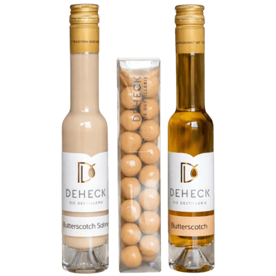 Butterscotch Geschenkset (1x Butterscotchlikör + 1x Butterscotch-Sahnelikör + 1x Schokoladen-Bonbons)