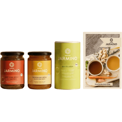 Jarmino 21 Tage Knochenbrühendiät (18x Rinderknochenbrühe + 18x Hühnerknochenbrühe + 1x Kollagenpulver + 1x Buch + 1x Rezeptsammlung)