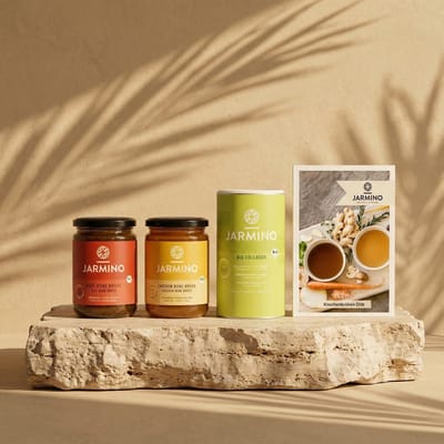Jarmino 21 Tage Knochenbrühendiät (18x Rinderknochenbrühe + 18x Hühnerknochenbrühe + 1x Kollagenpulver + 1x Buch + 1x Rezeptsammlung)