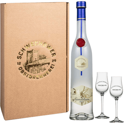 Schwechower Sanddorn Obstgeist + 2 Gläser Geschenkset